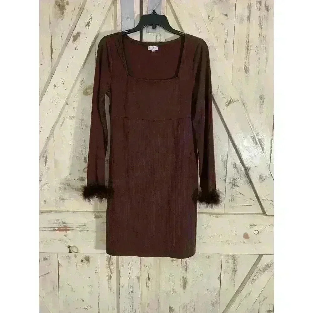 Love Fire Women’s Sleep Shirt Dress Striped Brown Long Sleeves Feather L, NWOT
